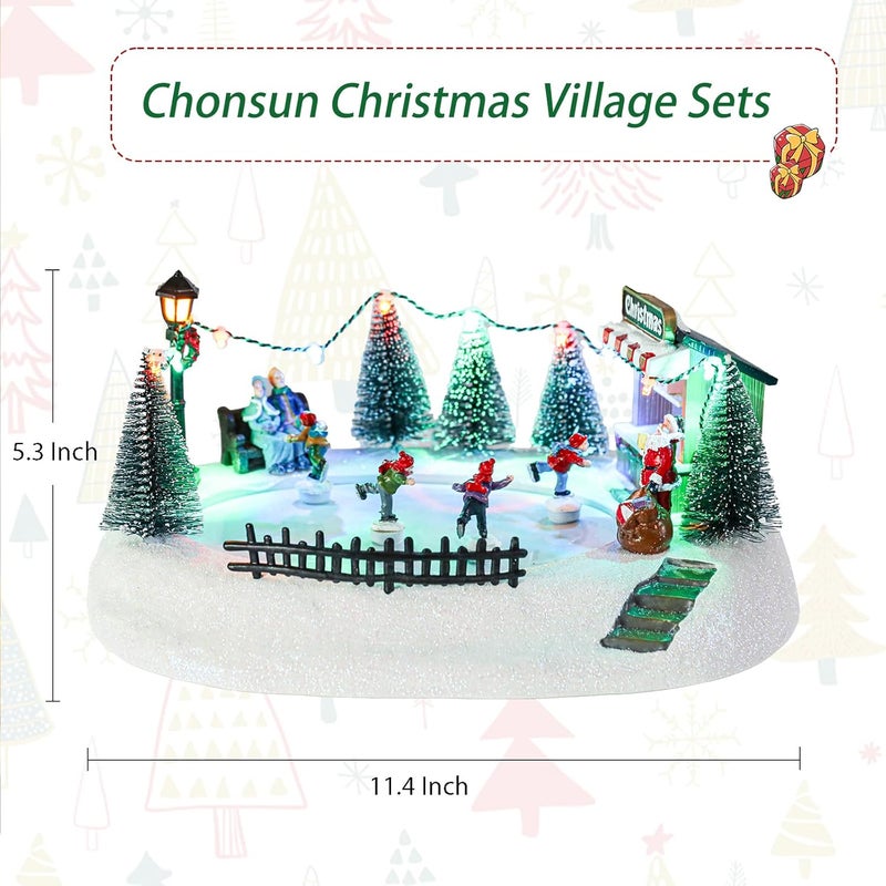 CHONSUN Christmas Village Sets 5.3 Inch Animated Christmas Ice Skating Rink Moving USB/3AA Batteries Music Xmas Trees Decorations Indoor LED Lights Figurines for Room Tabletop Decor - Image 2